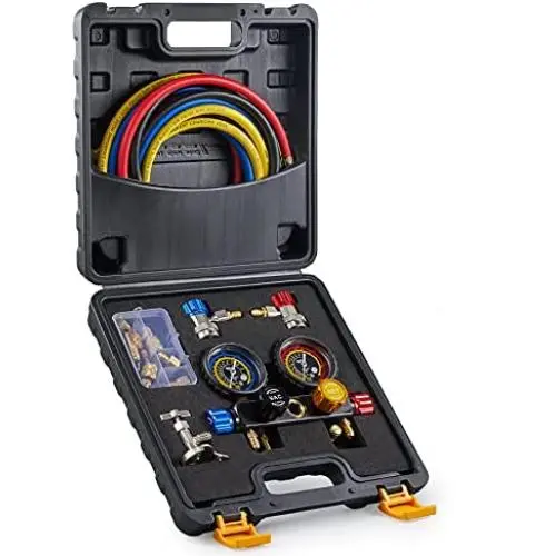 Orion Motor Tech 4 Way AC Gauge Set, AC Manifold Gauge Set for R410a R22 R134a Refrigerant, 4 Valve Automotive AC Gauges with 5ft Hoses, R410a Adapters, Can Tap