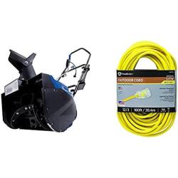 Snow Joe SJ623E 18-Inch 15-Amp Electric Single Stage Snow Thrower w/Headlights, Motor & Southwire Outdoor Cord-12/3 American Made SJTW Heavy Duty 3 Prong Extension Cord, Yellow, 100 Feet