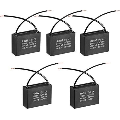 uxcell Ceiling Fan Capacitor CBB61 5uF 450V AC 2 Wires Metalized Polypropylene Film Capacitors 47x17.5x34.5mm for Water Pump Motor Generator, Pack of 5
