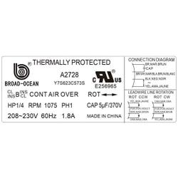 A1728 A2728, 1/4 HP Condenser Fan Motor 1075RPM, 1.8AMP
