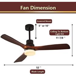 Ceiling Fan With Light, Exbrite, 52 inch Downrod Mount Ceiling Fan, 3 Carved Wood Fan Blade Classical Style Fan with Remote Control Noiseless Motor Remote Control Ceiling Fan With Light (Walnut AC)