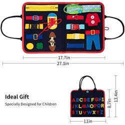 ThinkMax Busy Board，Early Education Sensory Activity Board for Basic Skills Learning, Dress Cognition for Boys and Girls, Busy Bag with Letters and Numbers