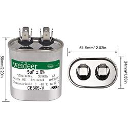weideer 5 uF ±6% MFD 370/440 VAC CBB65 Oval Run Start Capacitor for Cool or Heat Pump Air Conditione or AC Motor Run and Fan Start,with terminals