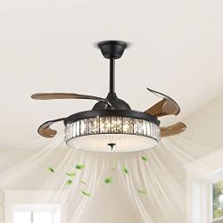 Crystal Ceiling Fan Lights Dimmable LED Fandelier, Siljoy 42 inch Modern Reverse Retractable Blades Fan Mute Motor Chandelier Ceiling Fans with Remote for Dining Room Bedroom, Black