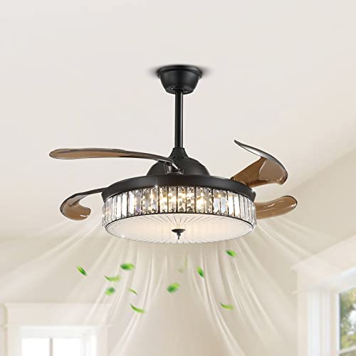 Crystal Ceiling Fan Lights Dimmable LED Fandelier, Siljoy 42 inch Modern Reverse Retractable Blades Fan Mute Motor Chandelier Ceiling Fans with Remote for Dining Room Bedroom, Black