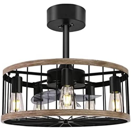Ohniyou 20 Farmhouse Caged Ceiling Fan with Lights Remote Control Small Rustic Retro Ceiling Fan for Kitchen Living Room Bedroom Vintage Reversible(8&16 Downrod)