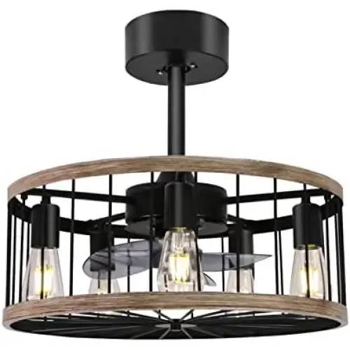 Ohniyou 20 Farmhouse Caged Ceiling Fan with Lights Remote Control Small Rustic Retro Ceiling Fan for Kitchen Living Room Bedroom Vintage Reversible(8&16 Downrod)