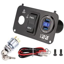 10L0L Golf Cart Key Switch Console Plate Kit for EZGO TXT, Includes F&R Switch, USB Charger Socket, Volt Meter, Ignition Switch Key