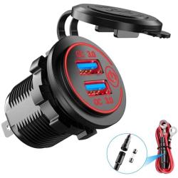 YONHAN 12V USB Outlet, Quick Charge 3.0 Dual USB Charger Socket Outlet 36W 12V/24V Motorcycle USB Car with Touch Switch Fast Charger with 10A Wire Fuse Waterproof for Truck Boat Bus Golf Cart
