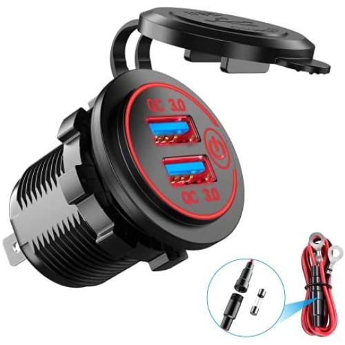 YONHAN 12V USB Outlet, Quick Charge 3.0 Dual USB Charger Socket Outlet 36W 12V/24V Motorcycle USB Car with Touch Switch Fast Charger with 10A Wire Fuse Waterproof for Truck Boat Bus Golf Cart
