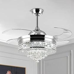 NOXARTE 42 Inch Crystal Chandelier Fan with Lights and Remote Control Modern Retractable Blades Ceiling Fan LED Dimmable Fandelier for Dining Room Bedroom Kitchen Island