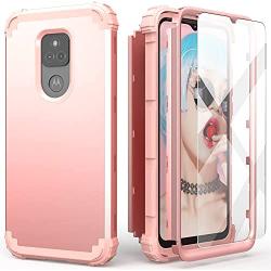 IDweel Moto G Play 2021 Case with Tempered Glass Screen Protector,3 in 1 Shockproof Slim Hybrid Heavy Duty Protection Hard PC Cover Soft Silicone Rugged Bumper Full Body Case (Rose Gold)