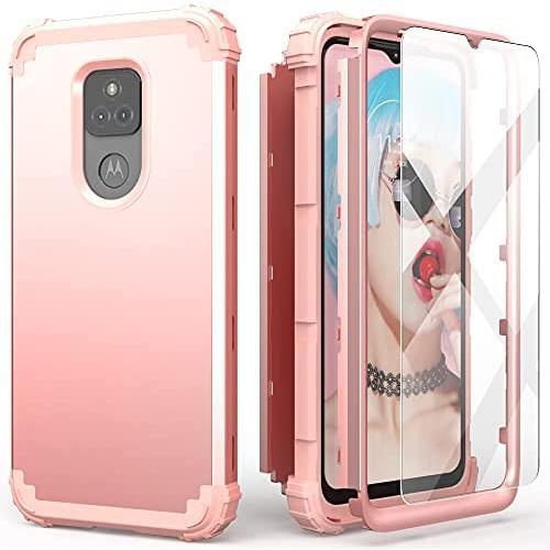 IDweel Moto G Play 2021 Case with Tempered Glass Screen Protector,3 in 1 Shockproof Slim Hybrid Heavy Duty Protection Hard PC Cover Soft Silicone Rugged Bumper Full Body Case (Rose Gold)
