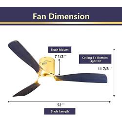 Low Profile Ceiling Fan With Light, Exbrite, 52 inch Flush Mount Ceiling Fan, 3 Carved Wood Fan Blade Noiseless Reversible Motor Remote Control Hugger Ceiling Fan With Light (Navy Blue DC)