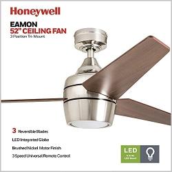 Honeywell 50604-01 Eamon Modern Ceiling Fan, Remote Control, LED, 52 inches, Brushed Nickel