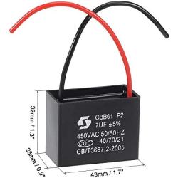 uxcell Ceiling Fan Capacitor CBB61 7uF 450V AC 2 Wires Metallized Polypropylene Film Capacitor 43x32x23mm for Electric Fan Pump Motor Generator 3Pcs