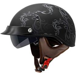 VCAN Cruiser Solid Flat Black Half Face Motorcycle Helmet with Drop-Down Sun Visor, Removable Peak and Quick Release Buckle (Scramble Line, Medium)