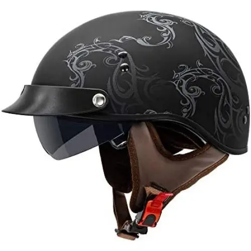 VCAN Cruiser Solid Flat Black Half Face Motorcycle Helmet with Drop-Down Sun Visor, Removable Peak and Quick Release Buckle (Scramble Line, Medium)