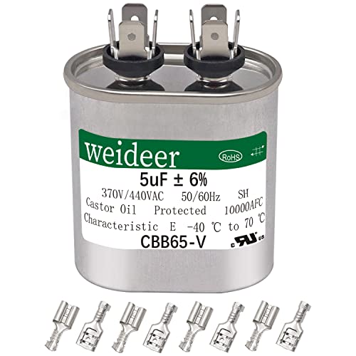 weideer 5 uF ±6% MFD 370/440 VAC CBB65 Oval Run Start Capacitor for Cool or Heat Pump Air Conditione or AC Motor Run and Fan Start,with terminals
