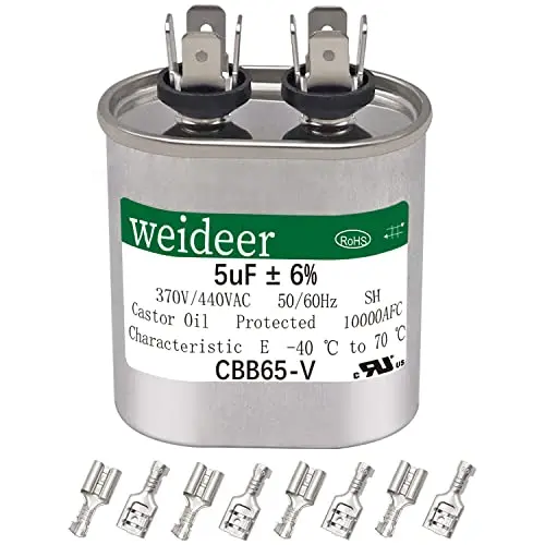 weideer 5 uF ±6% MFD 370/440 VAC CBB65 Oval Run Start Capacitor for Cool or Heat Pump Air Conditione or AC Motor Run and Fan Start,with terminals