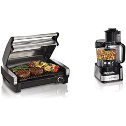 Hamilton Beach Electric Indoor Searing Grill, 6-Serving, Extra-Large Drip Tray, Stainless Steel & 12-Cup Stack & Snap Food Processor & Vegetable Chopper, Black (70725A)