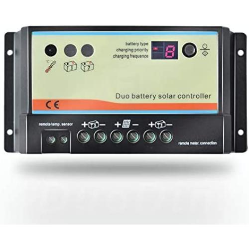EVPEVER 10A Solar Charge Controller 12V/24V Auto Working Dual Battery Solar Panel Charge Controller PWM 10AMP Intelligent Solar Panel Batteries Regulator for Motorhome, Caravan, Boat