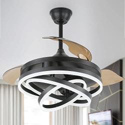 42 Inch Retractable Ceiling Fan, Geometric Circled Hanging Light Fan with Silent Motor, Retractable Blades, 6 Speed, 3 Color Change, Timer, Black Chandelier Fan Ceiling Light for Bedroom