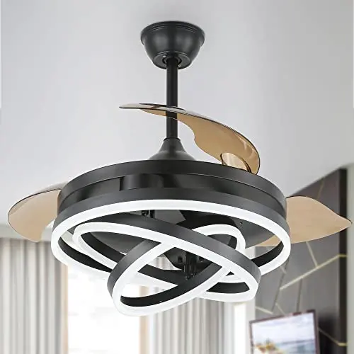 42 Inch Retractable Ceiling Fan, Geometric Circled Hanging Light Fan with Silent Motor, Retractable Blades, 6 Speed, 3 Color Change, Timer, Black Chandelier Fan Ceiling Light for Bedroom