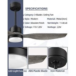 YOUKAIN Modern Ceiling Fan, 52 Inch Farmhouse Ceiling Fan with LED Light Kit, 3-Reversible Blades, Indoor/Outdoor, for Living room, Bedroom, Studyroom, Wooden Finish, 52-YJ359-WD