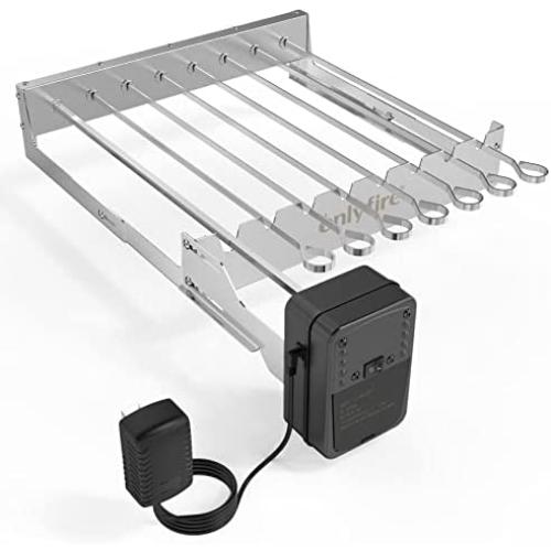 only fire Stainless Steel Electric Skewer Turner, Rotated Grilling Rack Shish Kabob Set with 7 Skewers and Dual-Purpose Rotisserie Motor