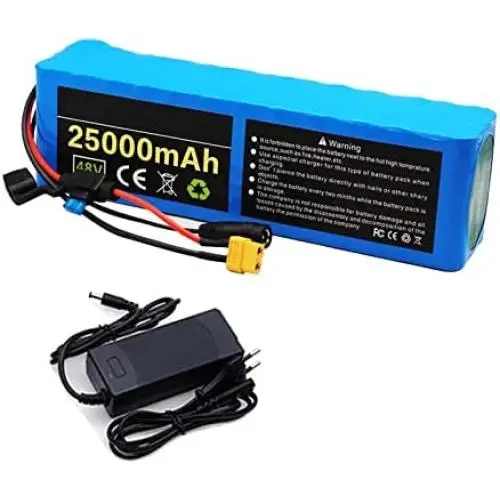 48V 25Ah E-Bike Lithium Ion Battery Pack, Rechargeable Replacement Battery, with 30A BMS Charger and Fuse, for 200W-1000W Motors