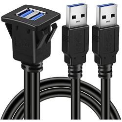 BATIGE Dual Ports Square USB 3.0 Panel Flush Mount Extension Cable with Buckle for Car Truck Boat Motorcycle Dashboard 6ft