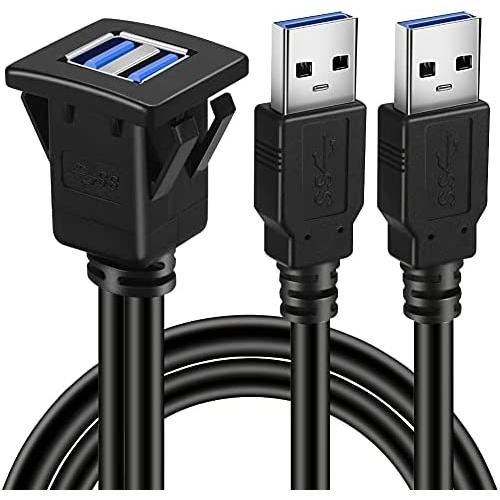 BATIGE Dual Ports Square USB 3.0 Panel Flush Mount Extension Cable with Buckle for Car Truck Boat Motorcycle Dashboard 6ft
