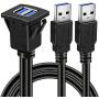 BATIGE Dual Ports Square USB 3.0 Panel Flush Mount Extension Cable with Buckle for Car Truck Boat Motorcycle Dashboard 6ft
