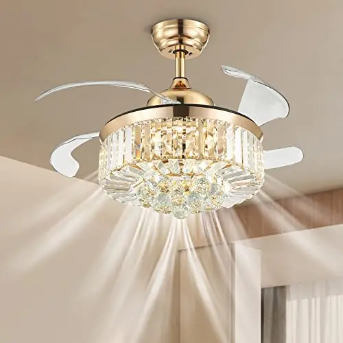 NOXARTE Chandelier Ceiling Fan Modern Dimmable Crystal Raindrop Ceiling Light Invisible Retractable Blades Fan for Bedroom Living Room Gold 36 Inch