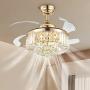 NOXARTE Chandelier Ceiling Fan Modern Dimmable Crystal Raindrop Ceiling Light Invisible Retractable Blades Fan for Bedroom Living Room Gold 36 Inch