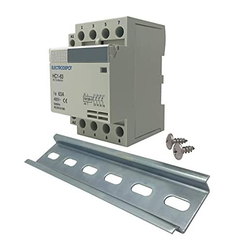 Electrodepot 60 Amp 4 Pole Normally Open Contactor, 110-120V Coil, Motor Load 40A, Lighting 63A Bundle with Slotted Steel Zinc Plated DIN Rail, 35 mm x 6 in – 1 Piece with 2#10 Screws