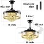 36in Dimmable Retractable Crystal Ceiling Fan Color Temperature 500k-6500k Fandelier Ceiling Fan with Lights Memory 6 Speed Chandeliers with Fans Retractable Blades for Bedroom Room