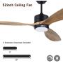 Ovlaim 52 Inch Indoor Outdoor Smart Ceiling Fan with Dimmable Led Light & Remote, 6 Speed DC Motor, 3 Natural Wood Blades