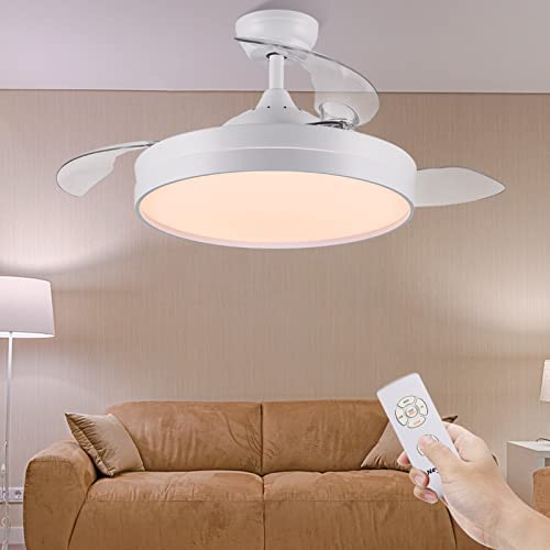 Retractable Ceiling Fan, Newday 42 inch Bladeless Ceiling Fan with Light and Remote Control, Modern Ceiling Fan with Retractable Blades, Quiet Motor, Timer, Ceiling Fans for Bedroom, Kitchen (White)