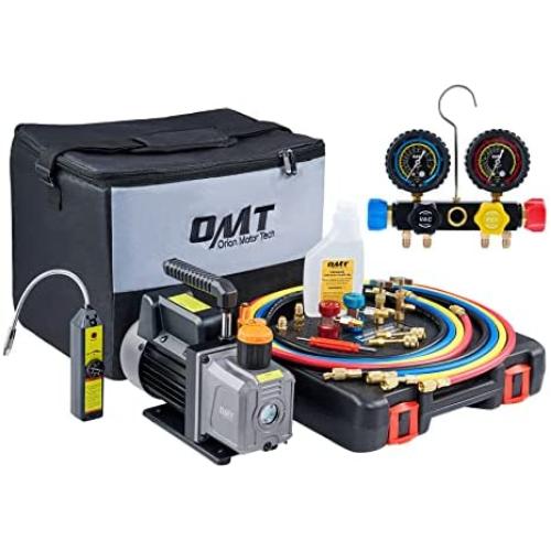 Orion Motor Tech AC Vacuum Pump and Gauge Set, 4 Way AC Gauges and 4 cfm HVAC Vacuum Pump with Leak Detector 5FT Hoses Couplers R410a Adapters, Puncturing & Self Sealing R134a Can Taps AC Recharge Kit