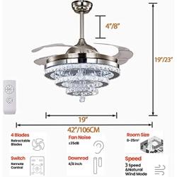 Crystal Ceiling fan with lights, Retractable Blades Fan Chandelier with Remote Control Fandelier with 3 Color Changing Chandelier for livingroom bedroom(Silver)