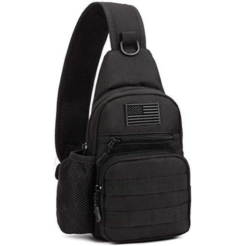 Protector Plus Tactical Sling Bag Military MOLLE Crossbody Pack Chest Shoulder Backpack with Water Bottle Holder Pouch EDC Diaper Motorcycle Bicycle Daypack (Patch Included),Black