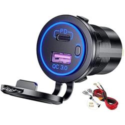GemCoo USB C 12V USB Port, PD 30W USB C Car Chargerand QC 3.0 12V USB Charger 12V/24V Car Power Outlet Socket with ON/Off Switch Waterproof Power Delivery for Motorcycle Marine Boat RV ATV
