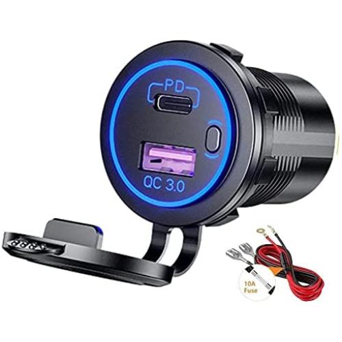 GemCoo USB C 12V USB Port, PD 30W USB C Car Chargerand QC 3.0 12V USB Charger 12V/24V Car Power Outlet Socket with ON/Off Switch Waterproof Power Delivery for Motorcycle Marine Boat RV ATV