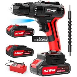Drill machine,NAWIN Brushless Motor 3/8”Keyless Chuck,443 In-lbs Torque,2 x 2.0Ah Li-ion battery and Fast Charger,2-Variable Speed,20+3 Metal Clutch,power drill cordless