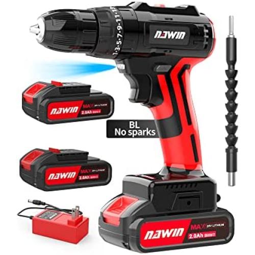 Drill machine,NAWIN Brushless Motor 3/8”Keyless Chuck,443 In-lbs Torque,2 x 2.0Ah Li-ion battery and Fast Charger,2-Variable Speed,20+3 Metal Clutch,power drill cordless
