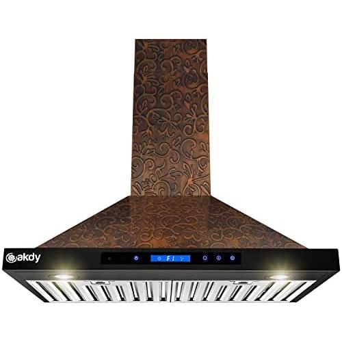 AKDY Wall Mount Range Hood - Embossed Copper Hood Fan for Kitchen - 4-Speed Professional Quiet Motor - Premium Touch Control Panel - Elegant Vine Design - Dishwasher Safe Baffle Filters (30 in.)