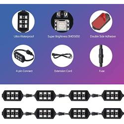 HYBKLER 8pcs Motorcycle RGB LED Strip Lights Kit Multi-Color Neon Waterproof Atmosphere Lights w/Smart Remote Controller for Harley Davidson Suzuki
