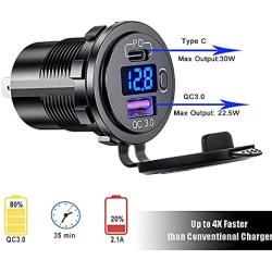 PD Type C USB Car Charger Socket and QC 3.0 Quick Charger Car Power Outlet Socket with ON/Off Switch and LED Voltmeter Waterproof 12V/24V for Motorcycle Marine RV ATV